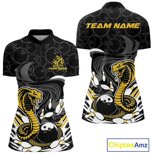 Custom Black And Yellow Cobra Snake Bowling Women Quarter-Zip Shirts, Bowling Team Shirt IPHW9699
