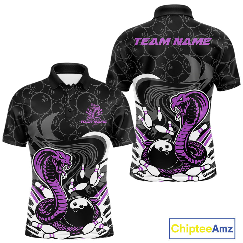Custom Black And Purple Cobra Snake Bowling Polo Shirts For Men, Cobra Bowling Team Shirt IPHW9700