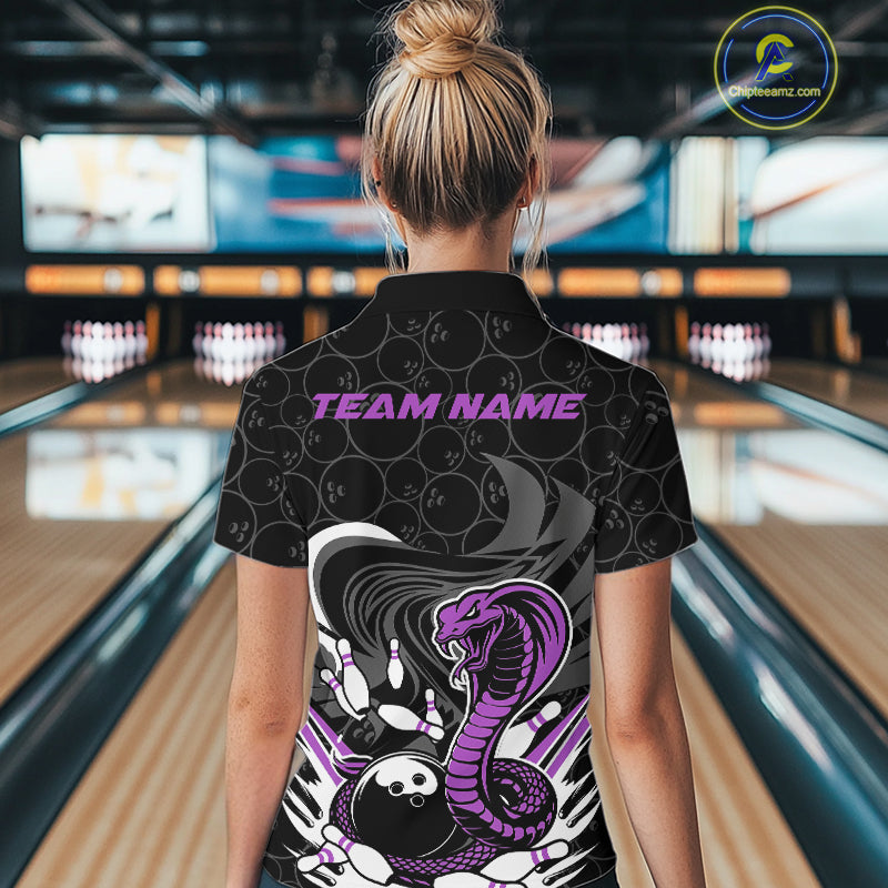 Custom Black And Purple Cobra Snake Bowling Women Quarter-Zip Shirts, Bowling Team Shirt IPHW9700