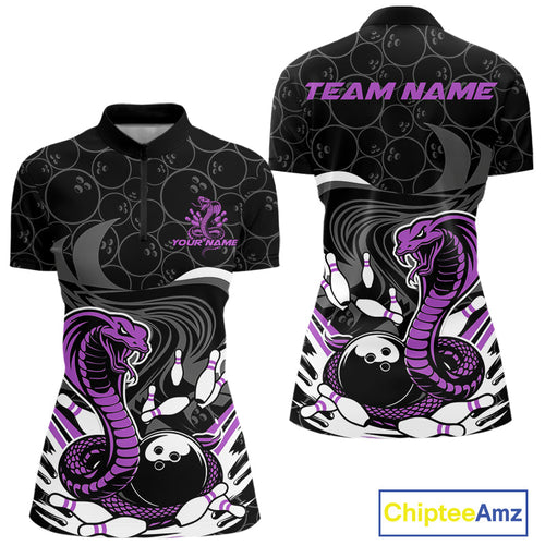Custom Black And Purple Cobra Snake Bowling Women Quarter-Zip Shirts, Bowling Team Shirt IPHW9700