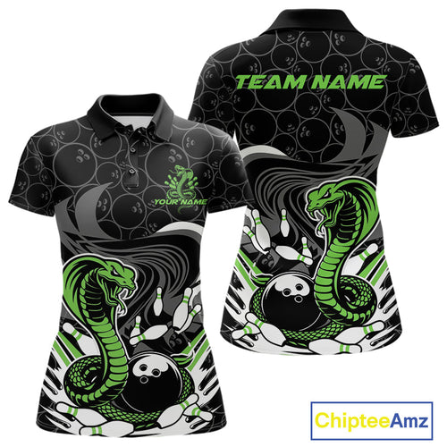 Custom Black And Green Cobra Snake Bowling Women Polo Shirts, Cobra Bowling Team Shirt IPHW9701