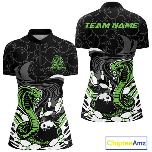 Custom Black And Green Cobra Snake Bowling Women Quarter-Zip Shirts, Bowling Team Shirt IPHW9701