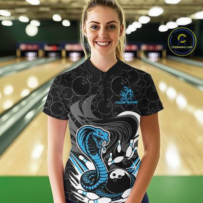 Custom Black And Blue Cobra Snake Bowling Women Quarter-Zip Shirts, Bowling Team Shirt IPHW9702