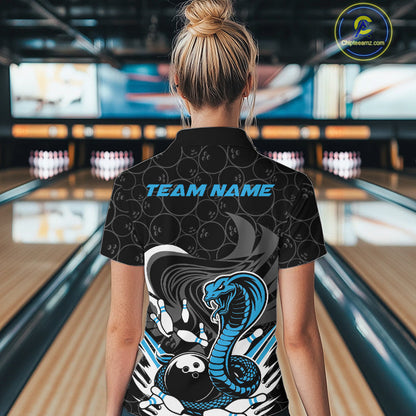 Custom Black And Blue Cobra Snake Bowling Women Quarter-Zip Shirts, Bowling Team Shirt IPHW9702