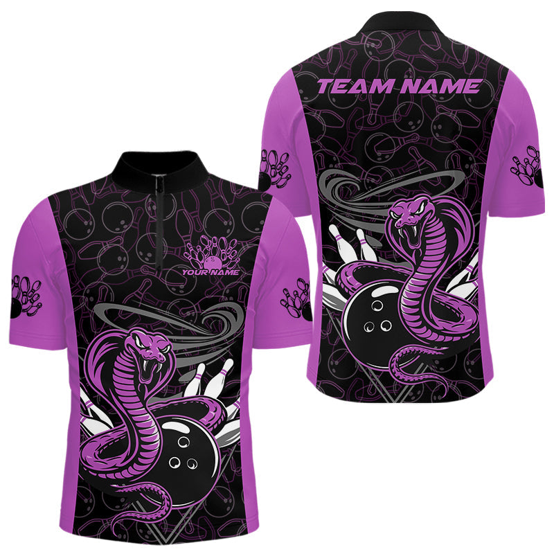Custom Purple Cobra Snake Bowling Team Men Quarter-Zip Shirts, Bowling Pattern Shirt IPHW9705