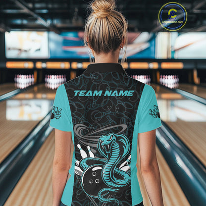 Custom Blue Cobra Snake Bowling Team Women Polo Shirts, Bowling Pattern Shirt IPHW9706