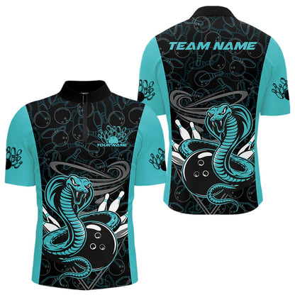 Custom Blue Cobra Snake Bowling Team Men Quarter-Zip Shirts, Bowling Pattern Shirt IPHW9706