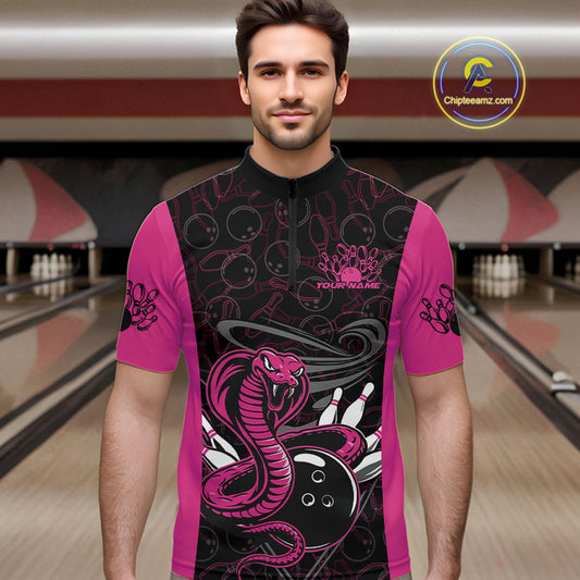 Custom Pink Cobra Snake Bowling Team Men Quarter-Zip Shirts, Bowling Pattern Shirt IPHW9707