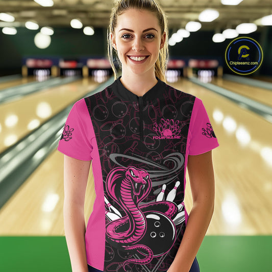 Custom Pink Cobra Snake Bowling Team Women Quarter-Zip Shirts, Bowling Pattern Shirt IPHW9707
