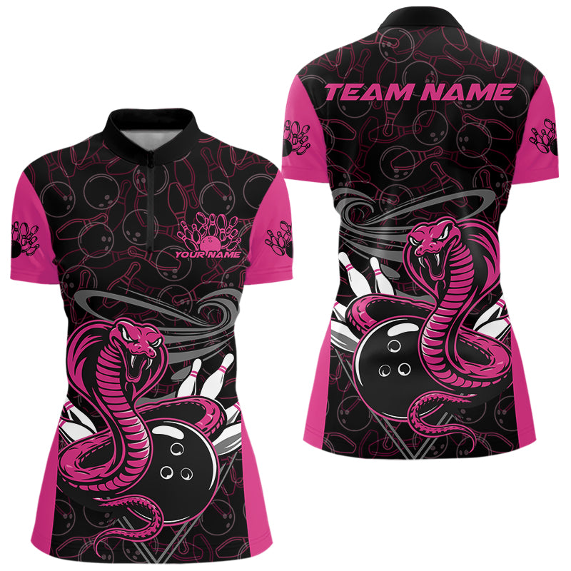 Custom Pink Cobra Snake Bowling Team Women Quarter-Zip Shirts, Bowling Pattern Shirt IPHW9707