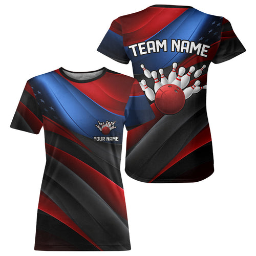 Custom Red And Blue Us Bowling Women T-Shirts Shirt, Patriotic Team Bowling League IPHW5247
