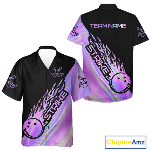 Custom Hologram Flame Strike Bowling Hawaiian Shirts For Men And Women, Bowling Team Bowler Outfit IPHW9858