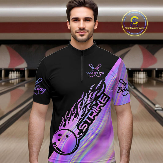 Custom Hologram Flame Strike Bowling Quarter-Zip Shirts For Men, Bowling Team Bowler Outfit IPHW9858
