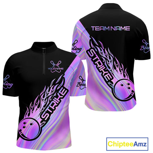 Custom Hologram Flame Strike Bowling Quarter-Zip Shirts For Men, Bowling Team Bowler Outfit IPHW9858
