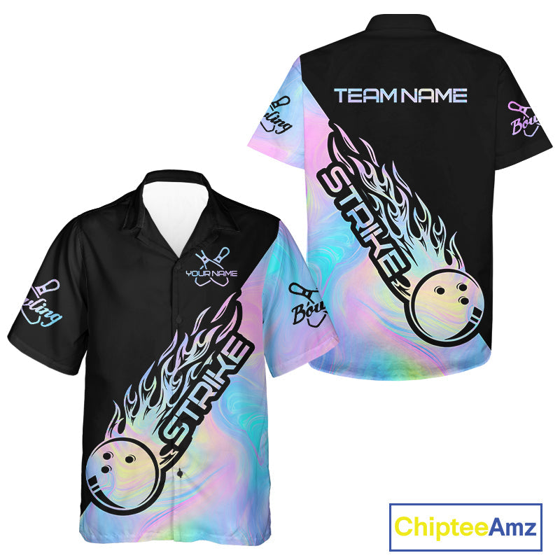 Custom Hologram Flame Strike Bowling Hawaiian Shirts For Men And Women, Bowling Team Bowler Outfit IPHW9859