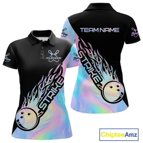 Custom Hologram Flame Strike Bowling Polo Shirts For Women, Bowling Team Bowler Outfit IPHW9859