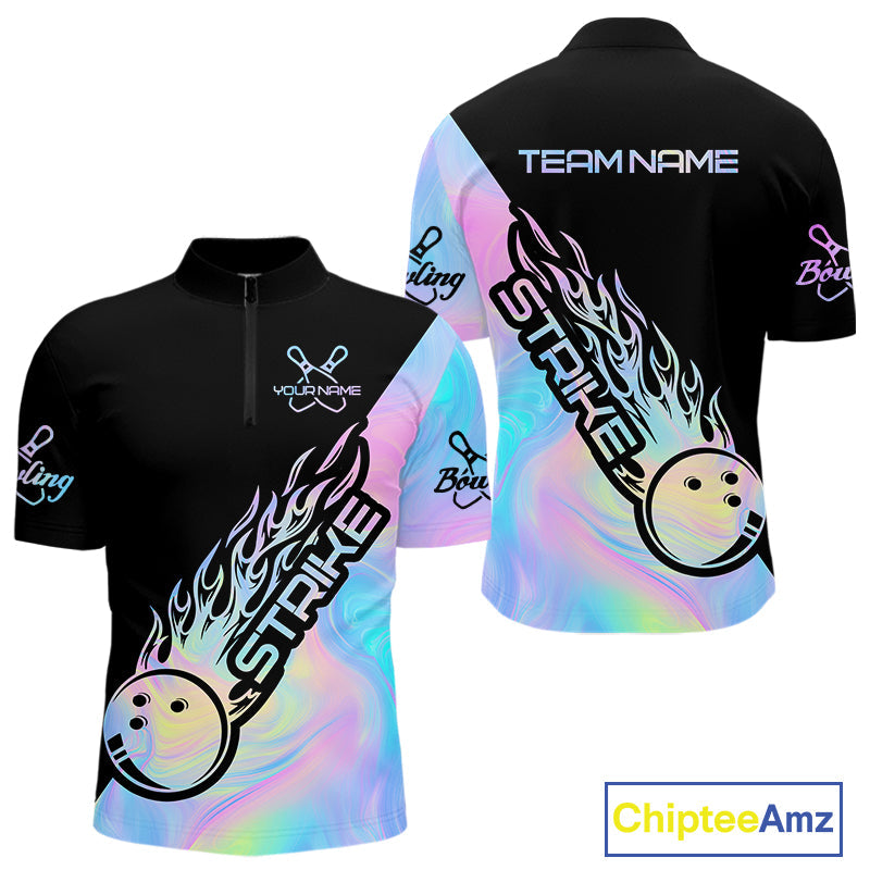 Custom Hologram Flame Strike Bowling Quarter-Zip Shirts For Men, Bowling Team Bowler Outfit IPHW9859