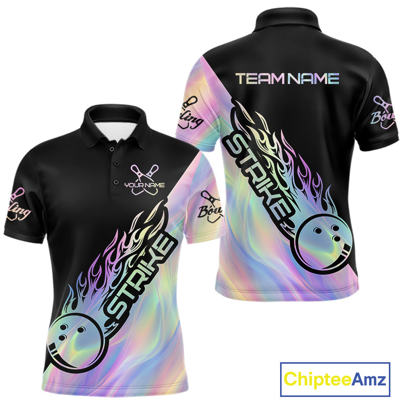 Custom Hologram Flame Strike Bowling Polo Shirts For Men, Bowling Team Bowler Outfit IPHW9860