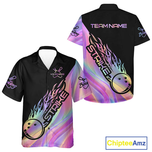 Custom Hologram Flame Strike Bowling Hawaiian Shirts For Men And Women, Bowling Team Bowler Outfit IPHW9861