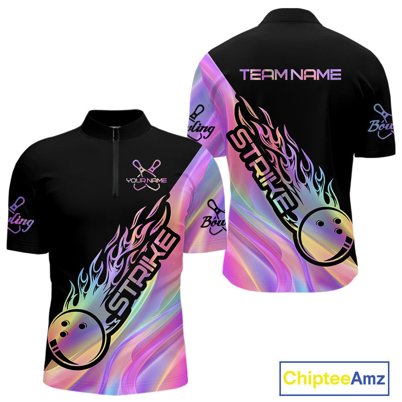 Custom Hologram Flame Strike Bowling Quarter-Zip Shirts For Men, Bowling Team Bowler Outfit IPHW9861