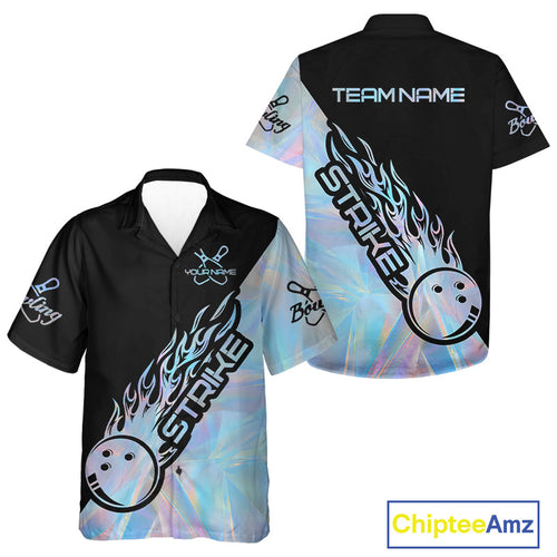 Custom Hologram Flame Strike Bowling Men And Women Hawaiian Shirt, Holographic Icy Crystal Bowling Shirt IPHW9862