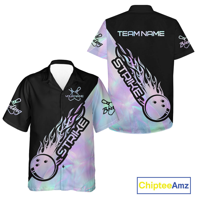 Custom Hologram Flame Strike Bowling Men And Women Hawaiian Shirt, Holographic Icy Crystal Bowling Shirt IPHW9863