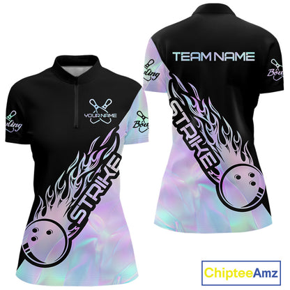 Custom Hologram Flame Strike Bowling Women Quarter-Zip Shirt, Icy Crystal Bowling Shirt IPHW9863