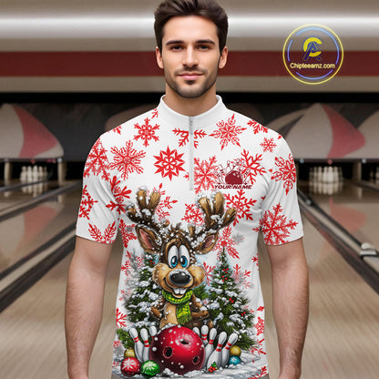 Custom Cute Funny Reindeer Christmas Bowling Men Quarter-Zip Shirts, Xmas Team Bowling Shirt IPHW10113