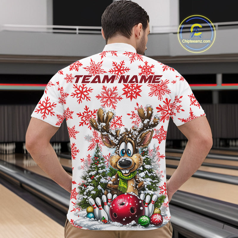Custom Cute Funny Reindeer Christmas Bowling Men Quarter-Zip Shirts, Xmas Team Bowling Shirt IPHW10113