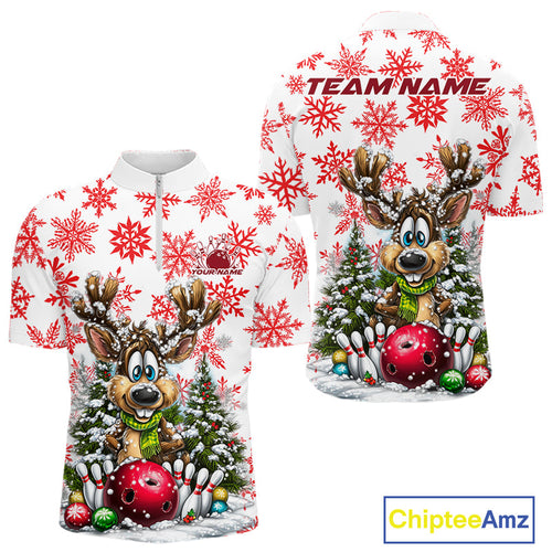Custom Cute Funny Reindeer Christmas Bowling Men Quarter-Zip Shirts, Xmas Team Bowling Shirt IPHW10113