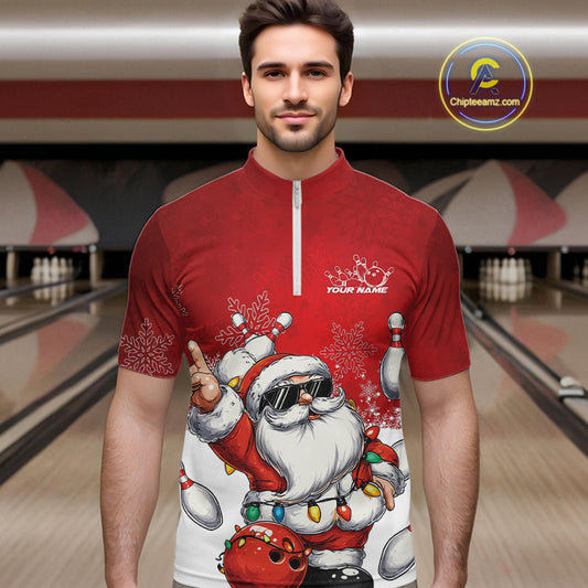 Custom Funny Santa Claus Christmas Bowling Men Quarter-Zip Shirts, Xmas Team Bowling Outfit IPHW10116