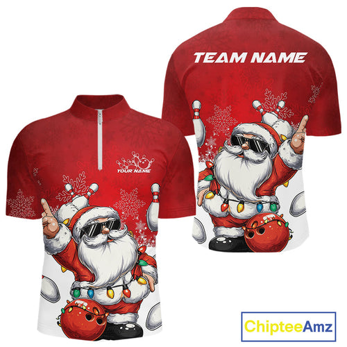 Custom Funny Santa Claus Christmas Bowling Men Quarter-Zip Shirts, Xmas Team Bowling Outfit IPHW10116