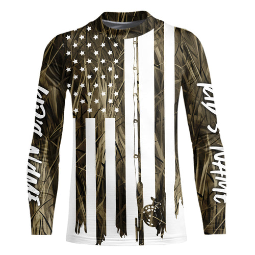 Custom Camouflage US Flag Fishing Rod Patriotic Kid Long Sleeve Fishing Shirts IPHW8154