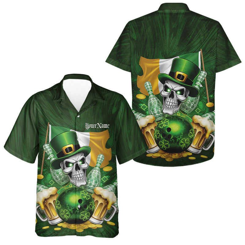 Custom Irish Flag St Patricks Day Bowling Hawaiian Men And Women Hawaiian Shirt, Skull Leprechaun IPHW8594