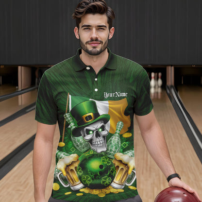 Custom Irish Flag St Patricks Day Bowling Polo Team Shirts For Men, Skull Leprechaun Bowling IPHW8594