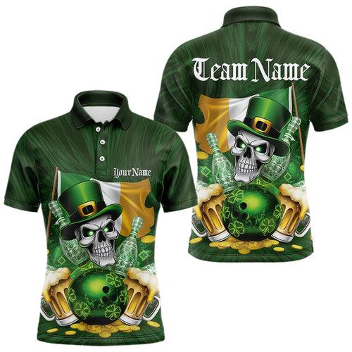 Custom Irish Flag St Patricks Day Bowling Polo Team Shirts For Men, Skull Leprechaun Bowling IPHW8594