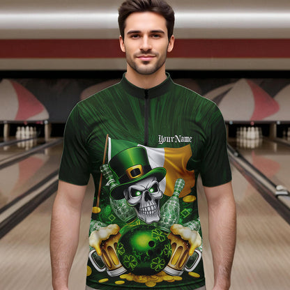 Custom Irish Flag St Patricks Day Bowling Quarter-Zip Team Shirts For Men, Skull Leprechaun Bowling IPHW8594