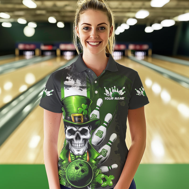 Custom Black And Green Lucky Clover St Patricks Day Skull Bowling Team Polo Shirt For Women IPHW8597
