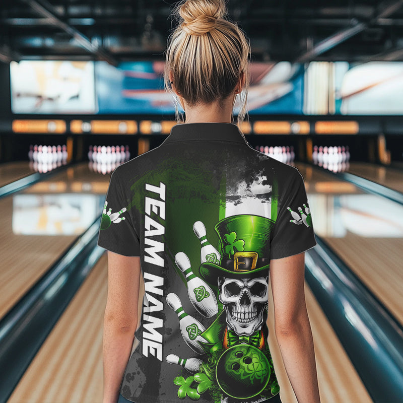 Custom Black And Green Lucky Clover St Patricks Day Skull Bowling Team Polo Shirt For Women IPHW8597