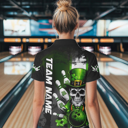 Custom Black And Green Lucky Clover St Patricks Skull Bowling Team Womens Quarter-Zip Shirt IPHW8597