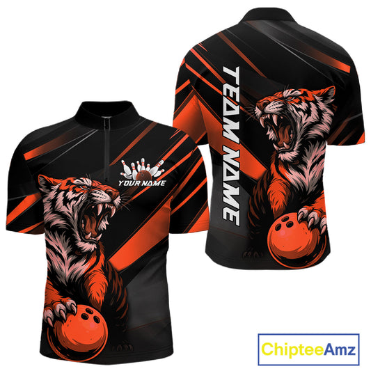 Custom Black And Orange Tiger Bowling Team Men Shirt, Bowling League Shirt Bowler Uniform IPHW10776