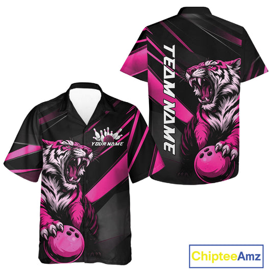 Custom Black And Pink Tiger Bowling Team Men And Women Shirt, Bowling League Shirt Bowler Uniform IPHW10777