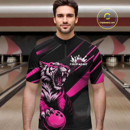 Custom Black And Pink Tiger Bowling Team Men Shirt, Bowling League Shirt Bowler Uniform IPHW10777