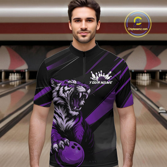 Custom Black And Purple Tiger Bowling Team Men Shirt, Bowling League Shirt Bowler Uniform IPHW10778