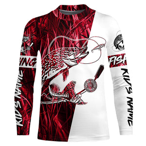 Custom Pike Fishing Tattoo Red Grass Camo Long Sleeve Fishing Shirts, Pike Fishing Jerseys IPHW6084