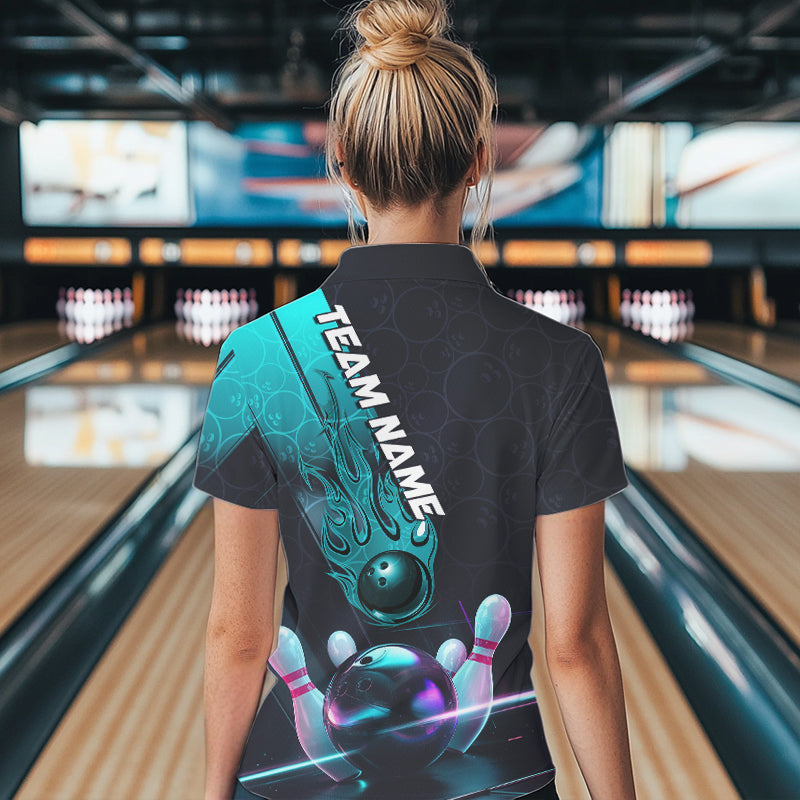 Custom Black And Blue Flame Bowling Polo Shirts For Women, Holographic Bowling League Shirt IPHW8902