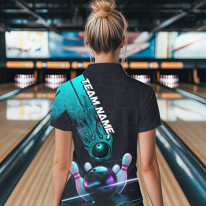 Custom Black And Blue Flame Bowling Women Quarter-Zip Shirt, Holographic Bowling Shirt IPHW8902