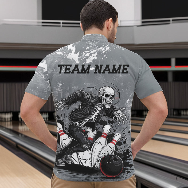 Custom Rock Style Skull Bowling Quarter-Zip Shirts For Men, Funny Skeleton Bowlers Outfit IPHW8906