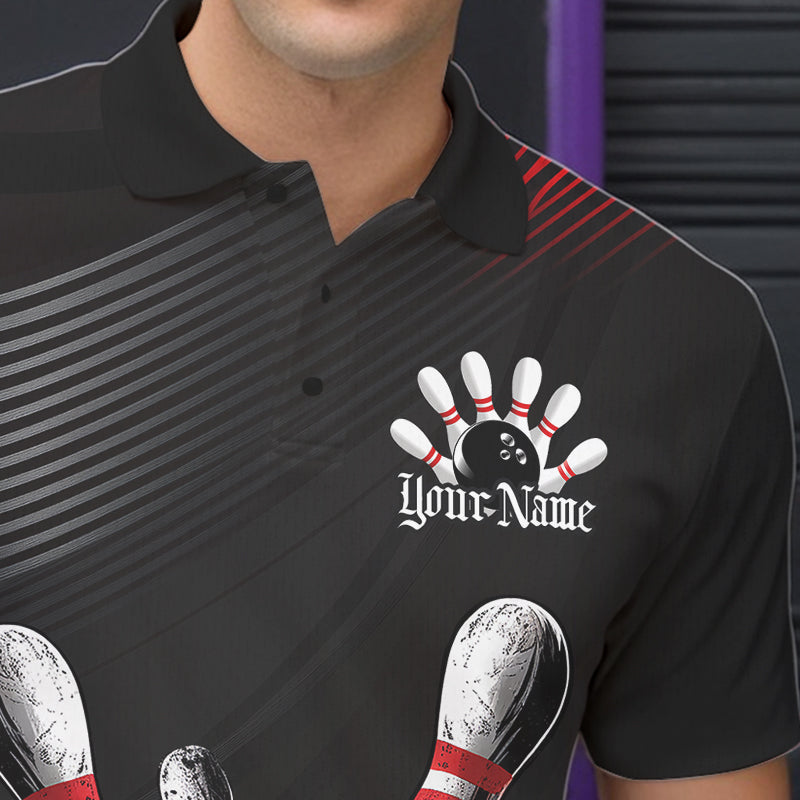 Custom Black And Red Grunge Style Skull Bowling Polo Shirts For Men, Bowling Team Uniform IPHW8907