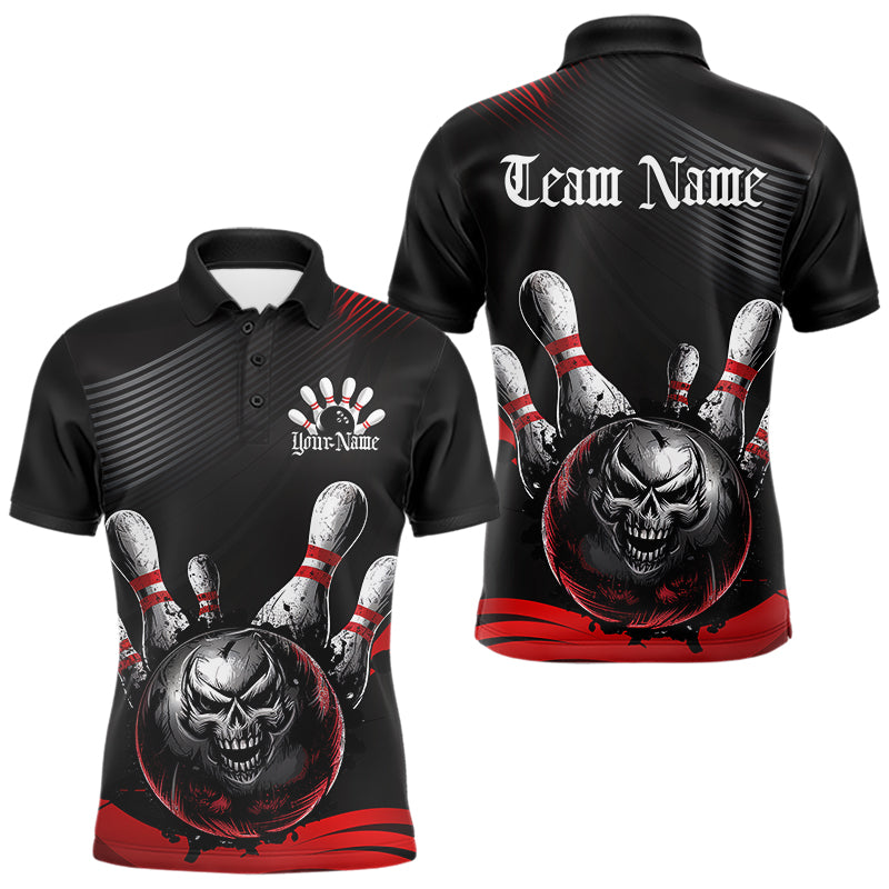 Custom Black And Red Grunge Style Skull Bowling Polo Shirts For Men, Bowling Team Uniform IPHW8907